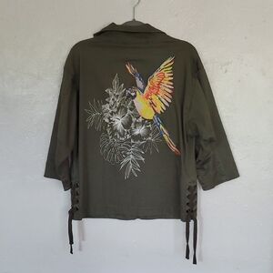 Express Olive Green Utility Jacket with Parrot Embroidery Size M